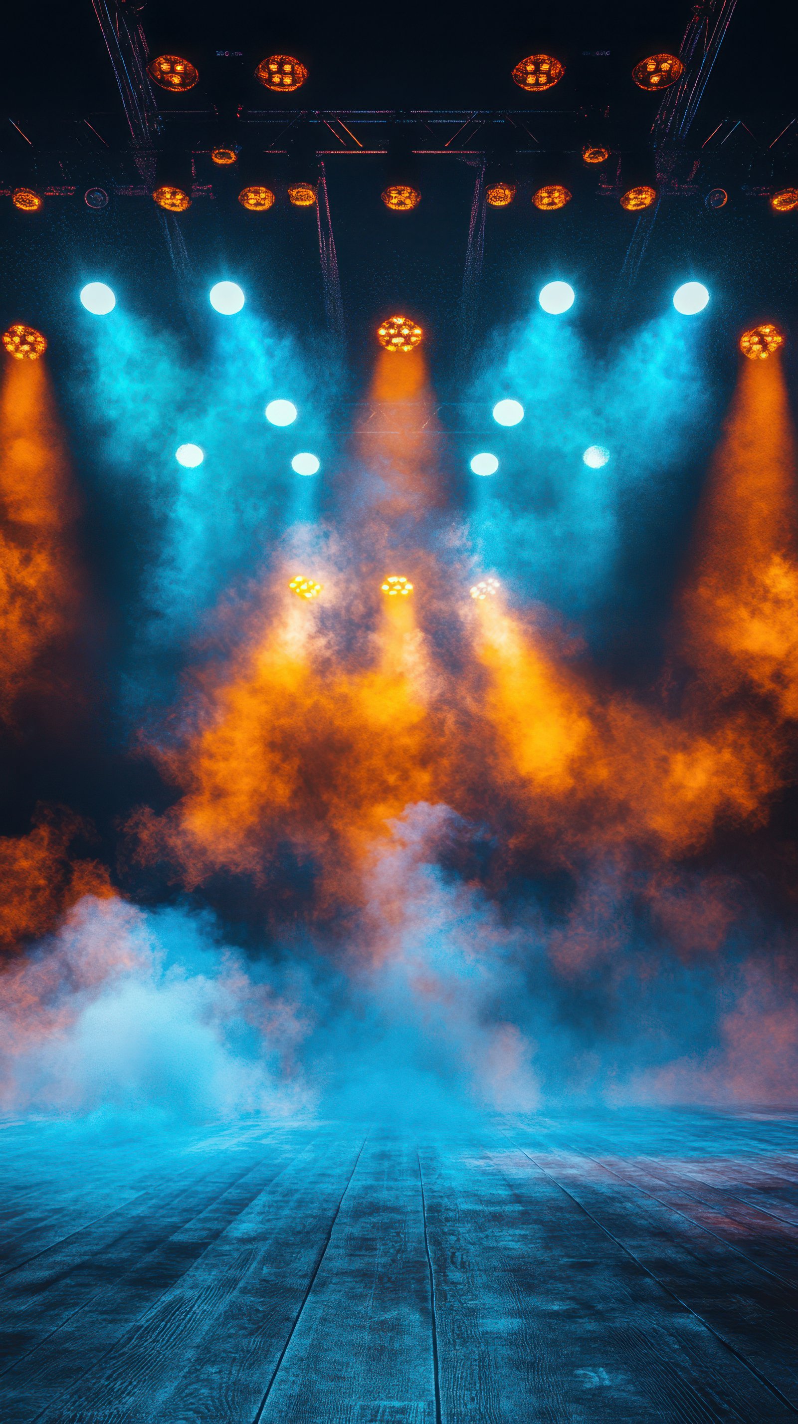 Vibrant stage lighting with colorful smoke effects creates an energetic atmosphere for a performance